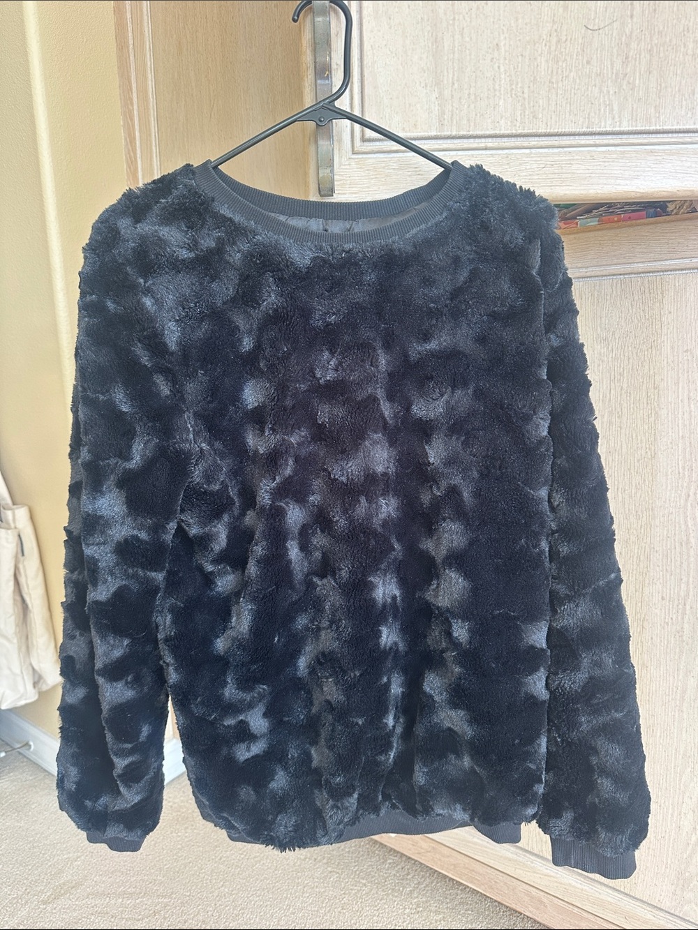 Black Faux-Fur Crewneck Sweater